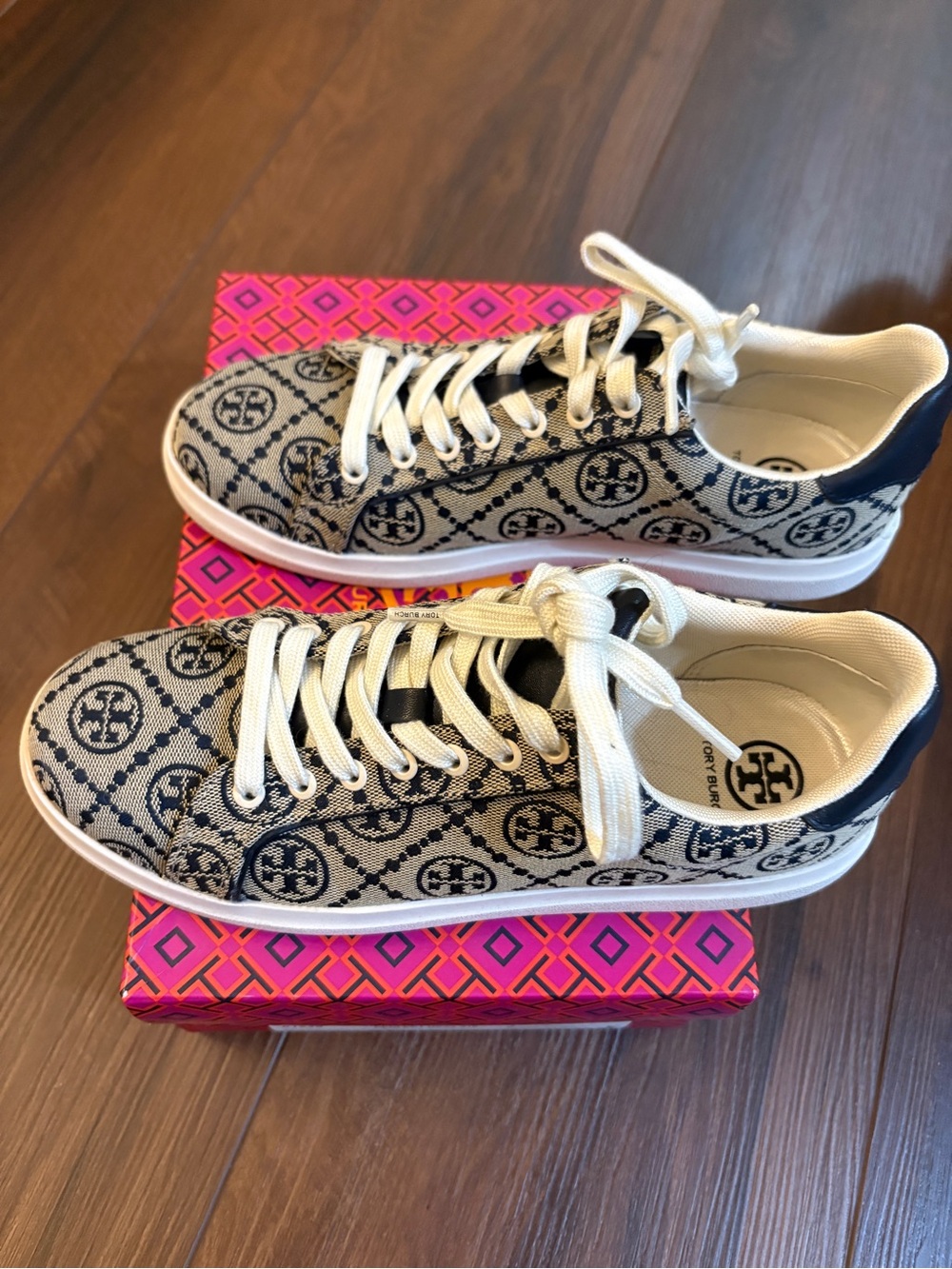 Tory Burch Navy and White Monogram Canvas Sneakers - Picture 4 of 5